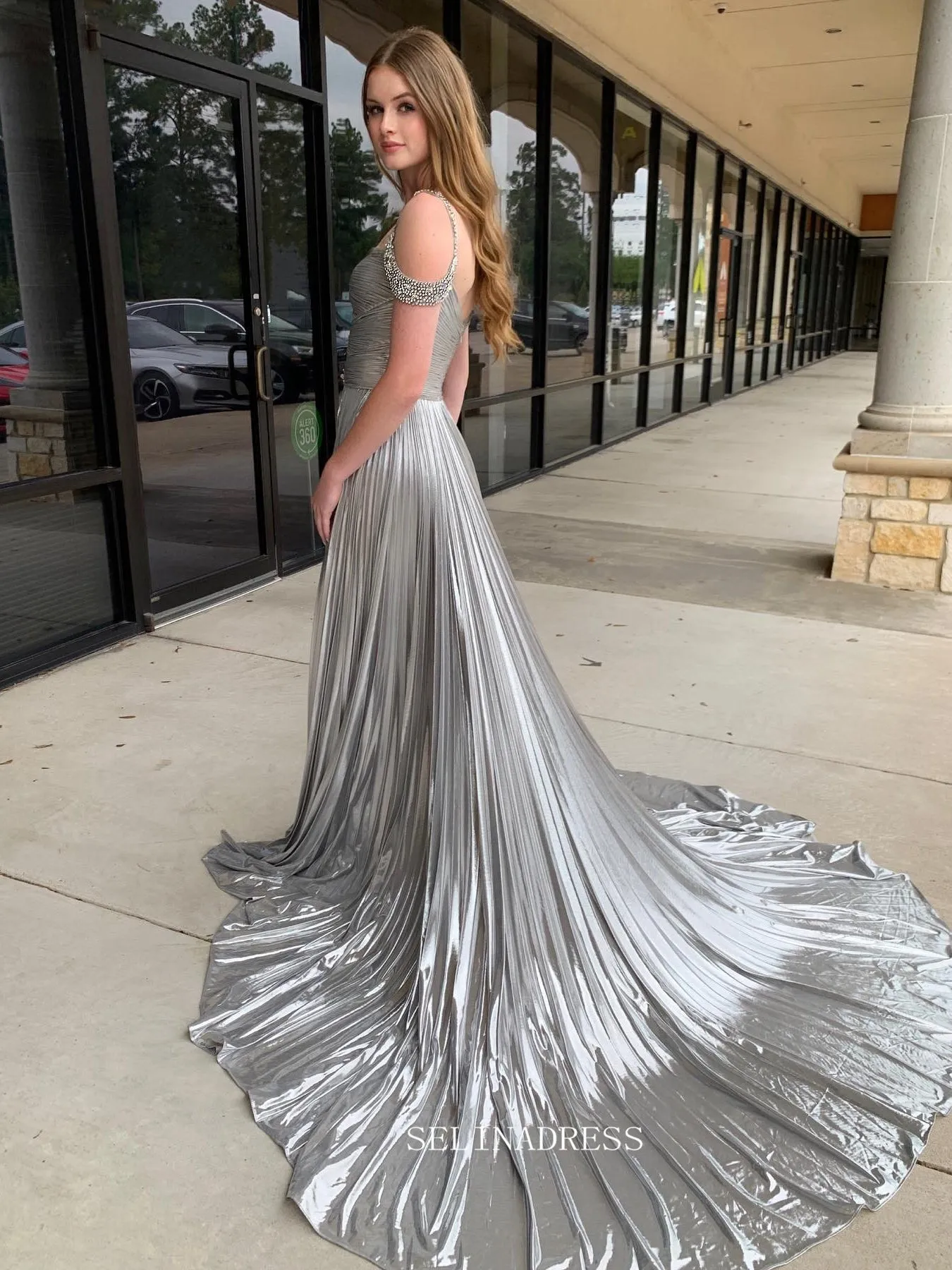 A-line Silver Metallic Dress Ruffles Long Prom Dress With Slit sew1063