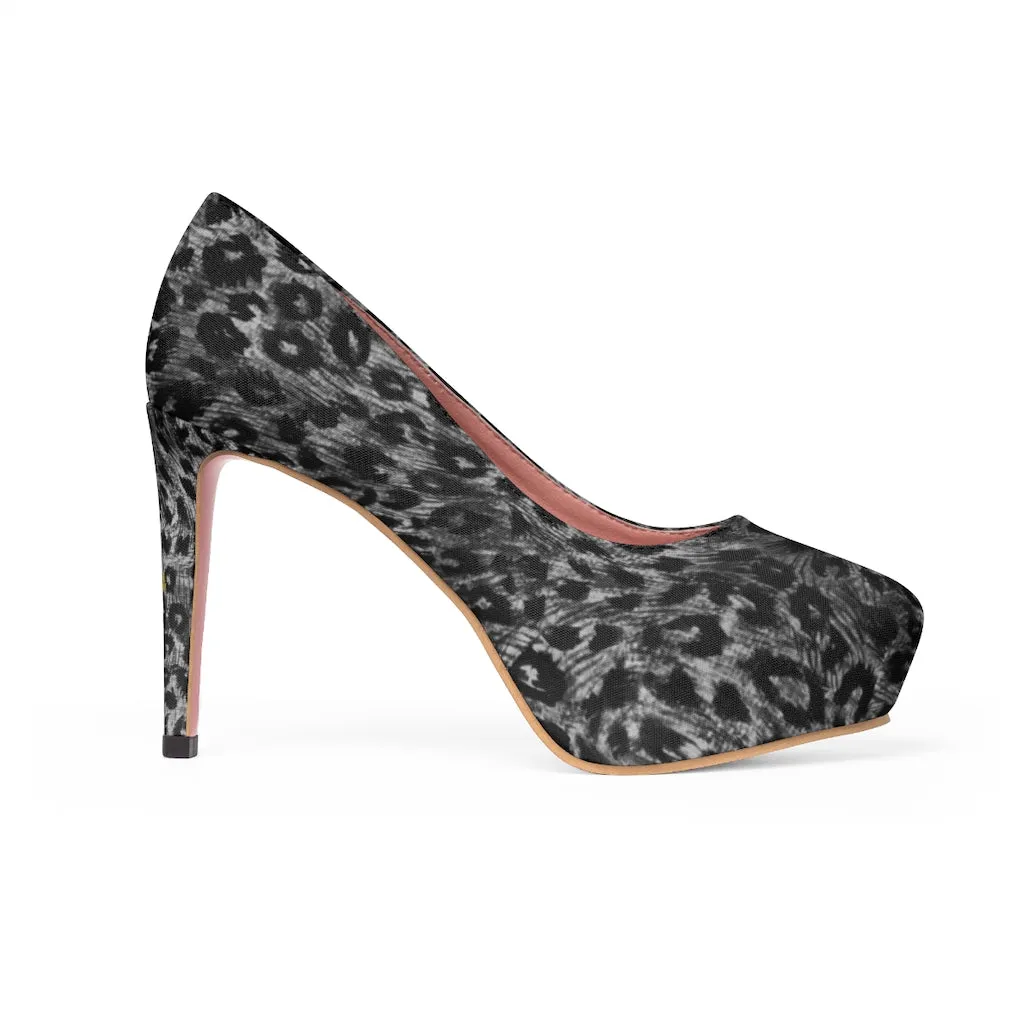 Black Leopard Women's Platform Heels, Leopard Grey Animal Print Fashion Stiletto Heels For Ladies