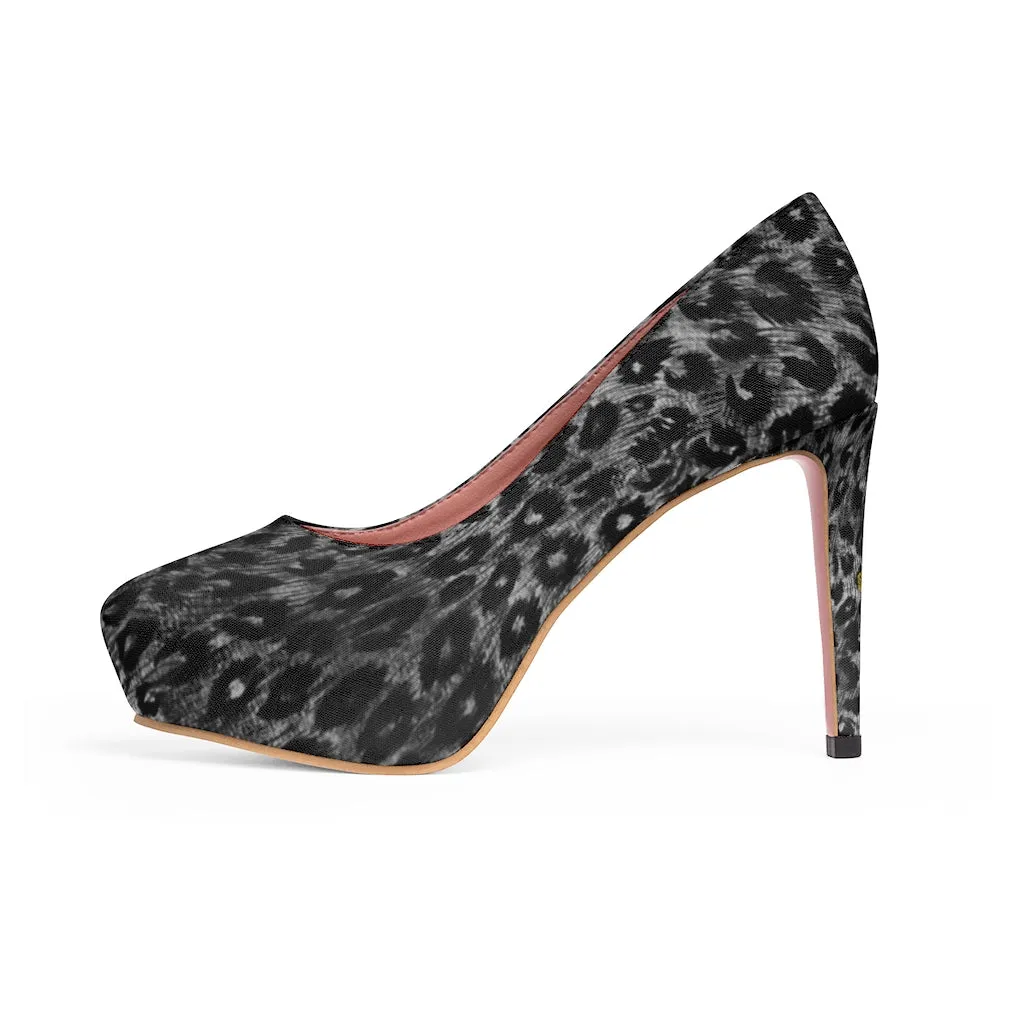 Black Leopard Women's Platform Heels, Leopard Grey Animal Print Fashion Stiletto Heels For Ladies