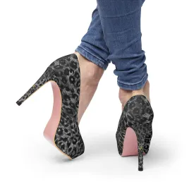 Black Leopard Women's Platform Heels, Leopard Grey Animal Print Fashion Stiletto Heels For Ladies