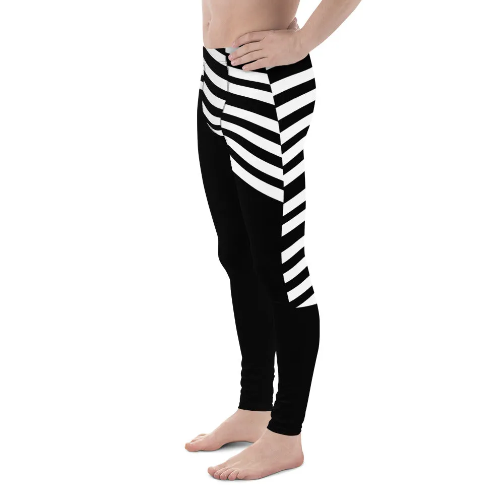 Black White Striped Meggings, Designer Men's Leggings, Designer Minimalist Black White Modern Meggings-Made in USA/EU/MX