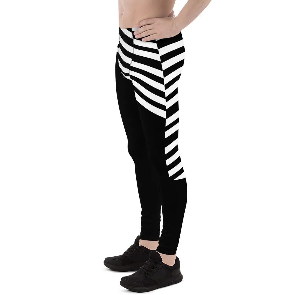 Black White Striped Meggings, Designer Men's Leggings, Designer Minimalist Black White Modern Meggings-Made in USA/EU/MX