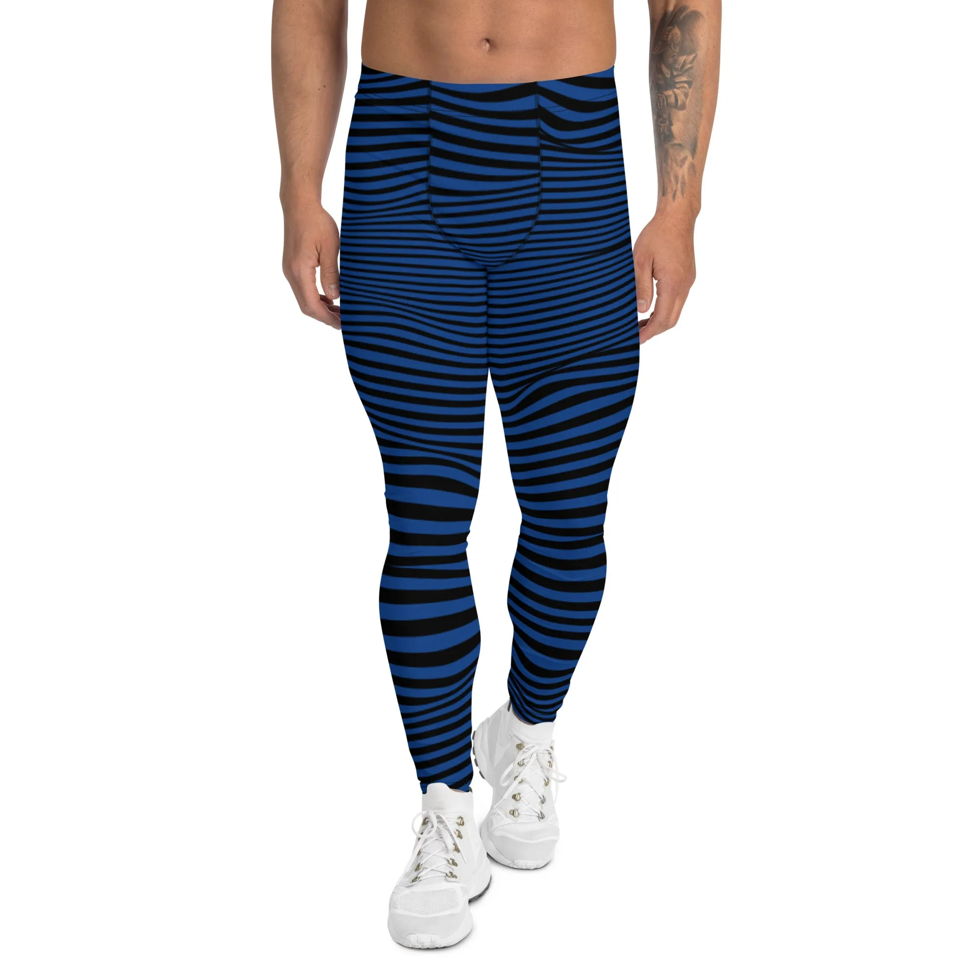 Blue Meshed Men's Leggings, Striped Premium Meggings Compression Running Tights-Made in USA/EU/MX