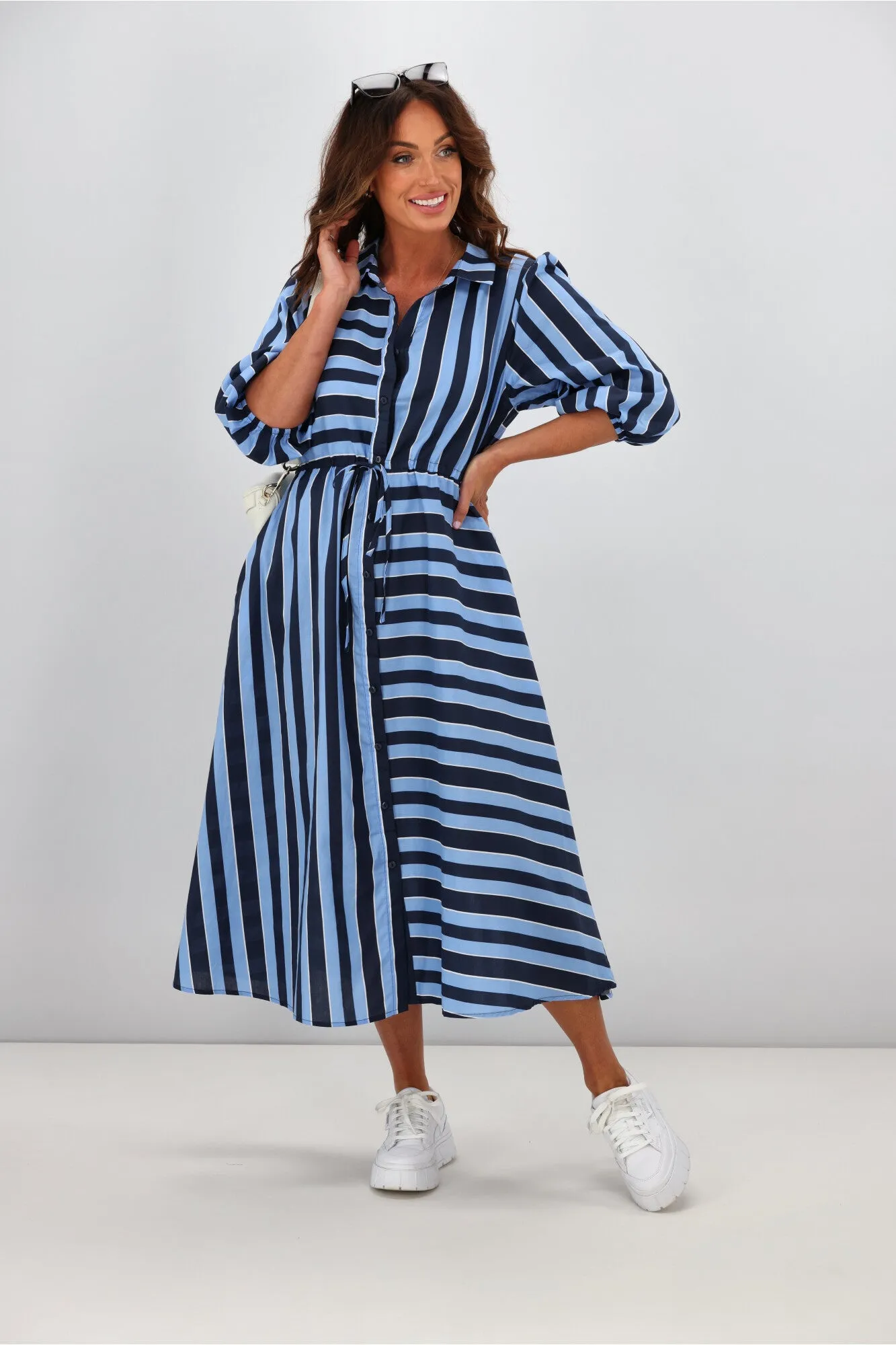 Boho Australia Moss Midi Dress Stripe Navy Blue