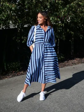 Boho Australia Moss Midi Dress Stripe Navy Blue