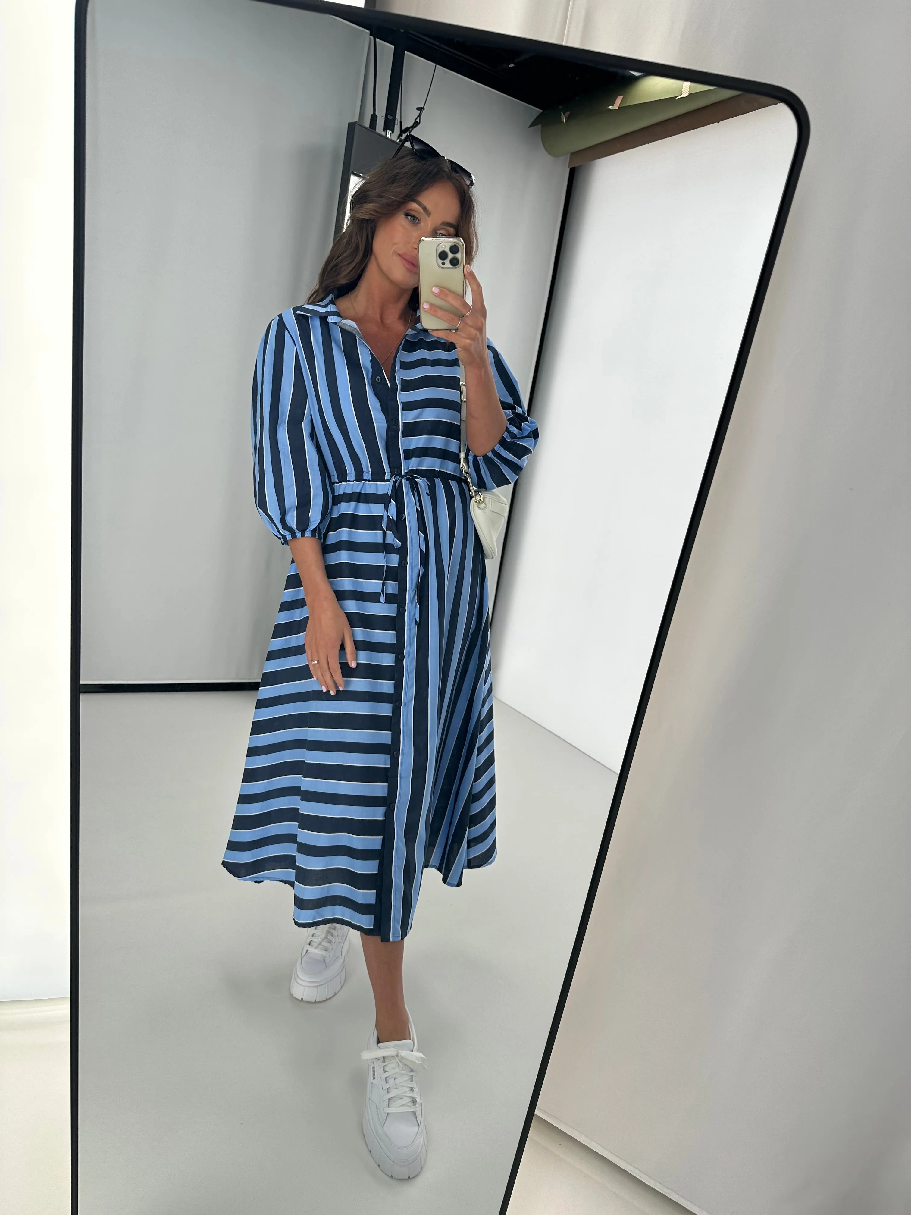 Boho Australia Moss Midi Dress Stripe Navy Blue