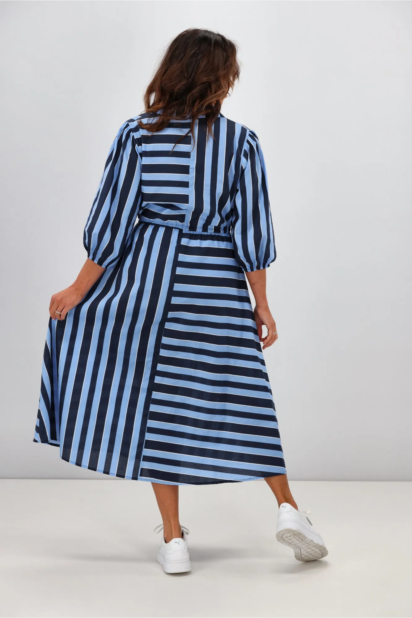 Boho Australia Moss Midi Dress Stripe Navy Blue