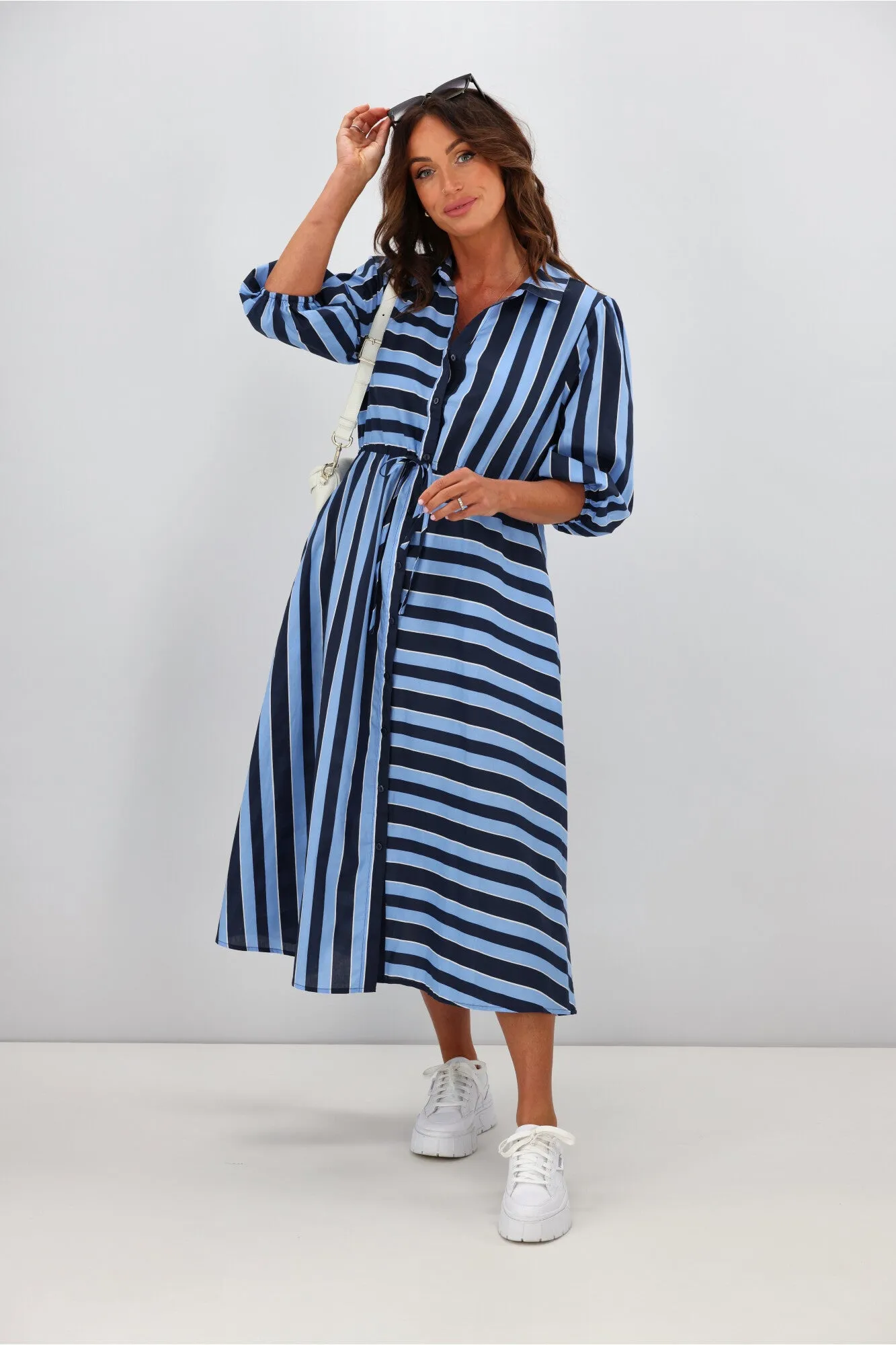 Boho Australia Moss Midi Dress Stripe Navy Blue