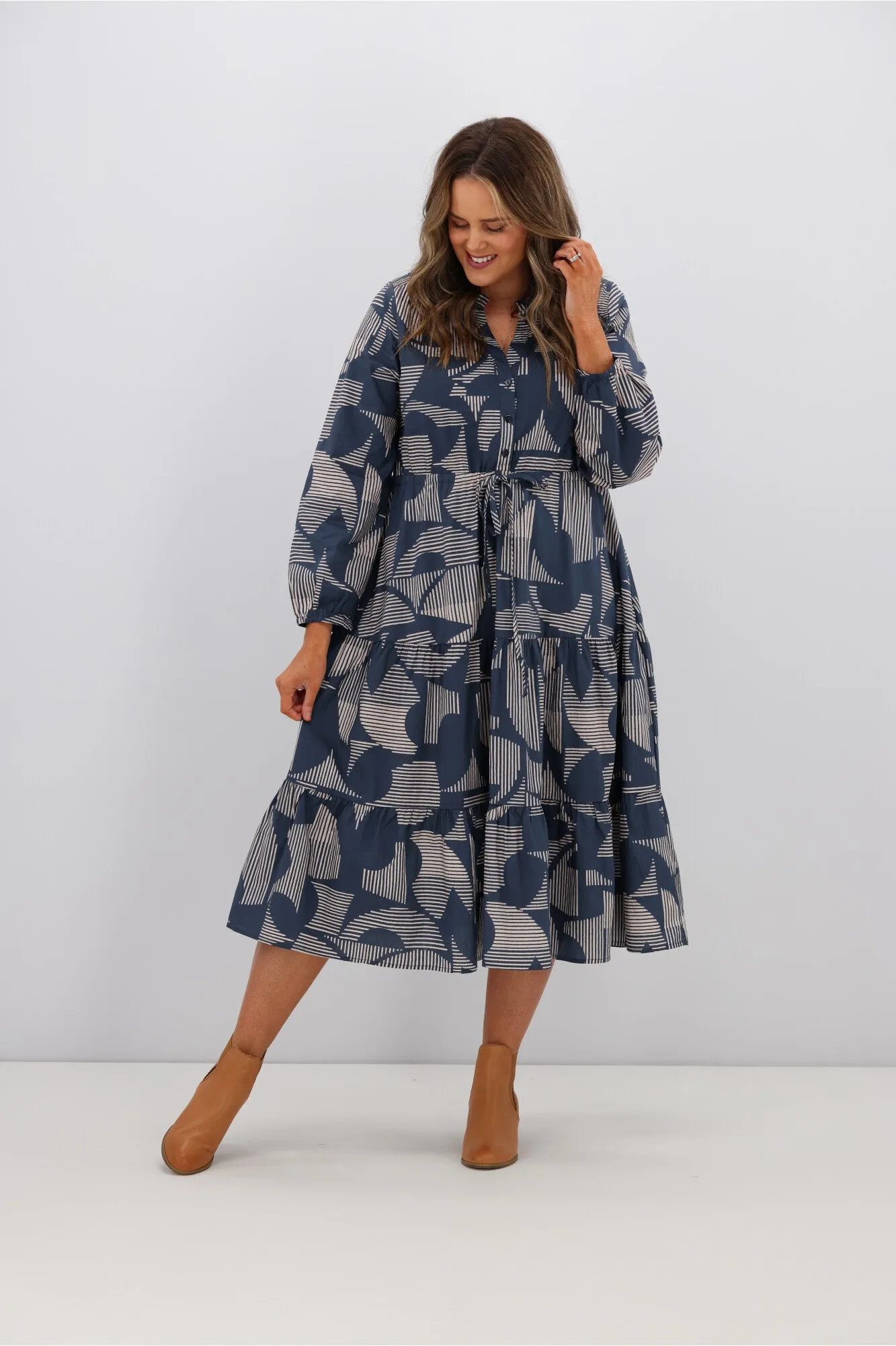 Boho Australia Sidra Midi Dress Navy Print