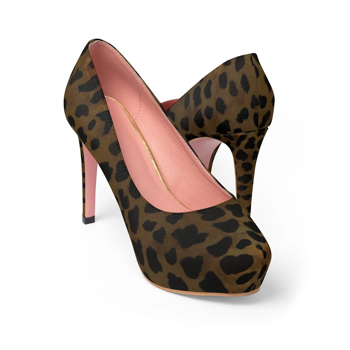 Brown Leopard Heels, Animal Print Stylish Canvas Women's 4 inch Platform Heels Stilettos