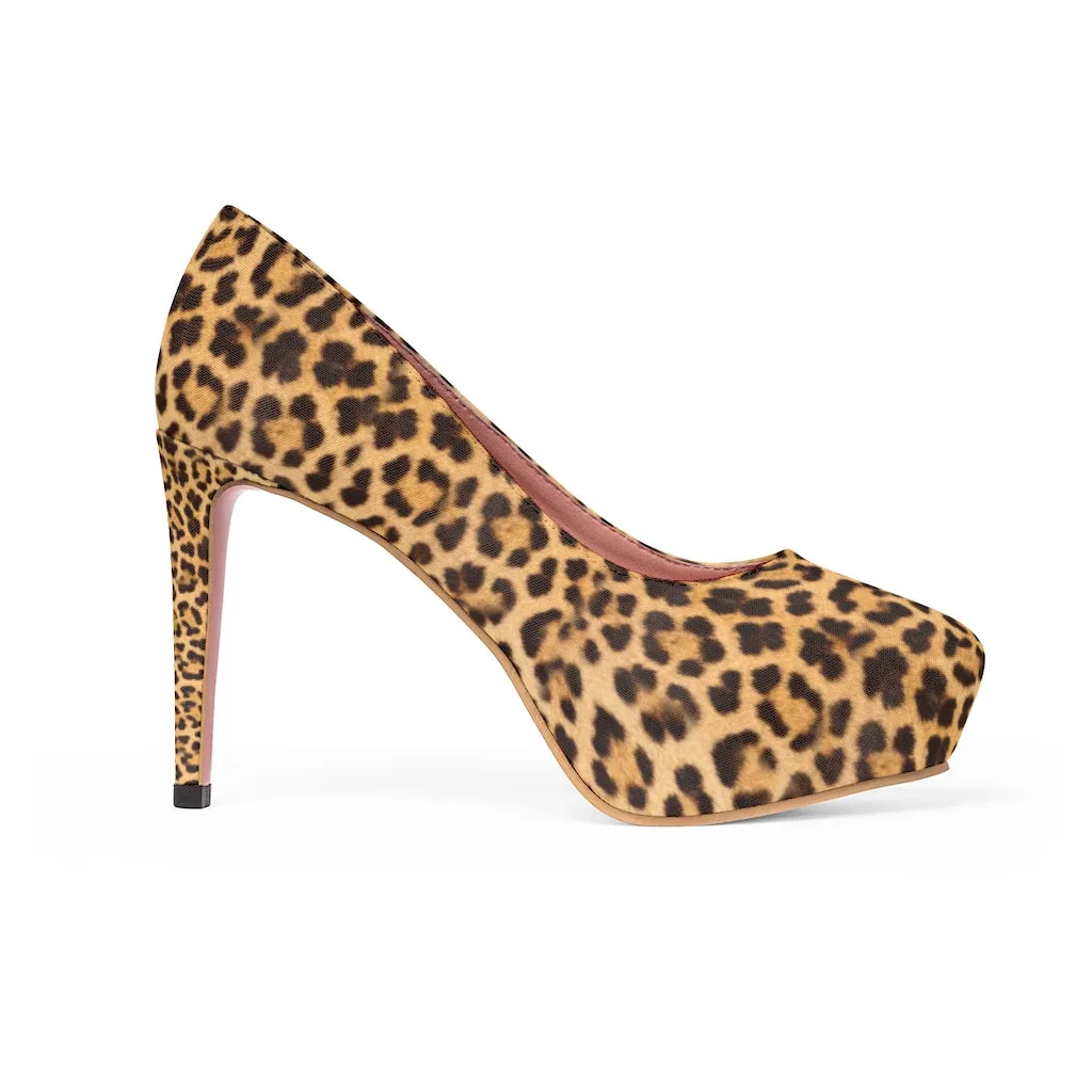 Brown Leopard Women's Platform Heels, Leopard Artistic Animal Print Fashion Stiletto Heels For Ladies