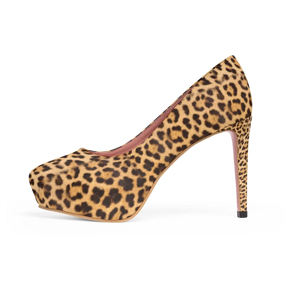 Brown Leopard Women's Platform Heels, Leopard Artistic Animal Print Fashion Stiletto Heels For Ladies