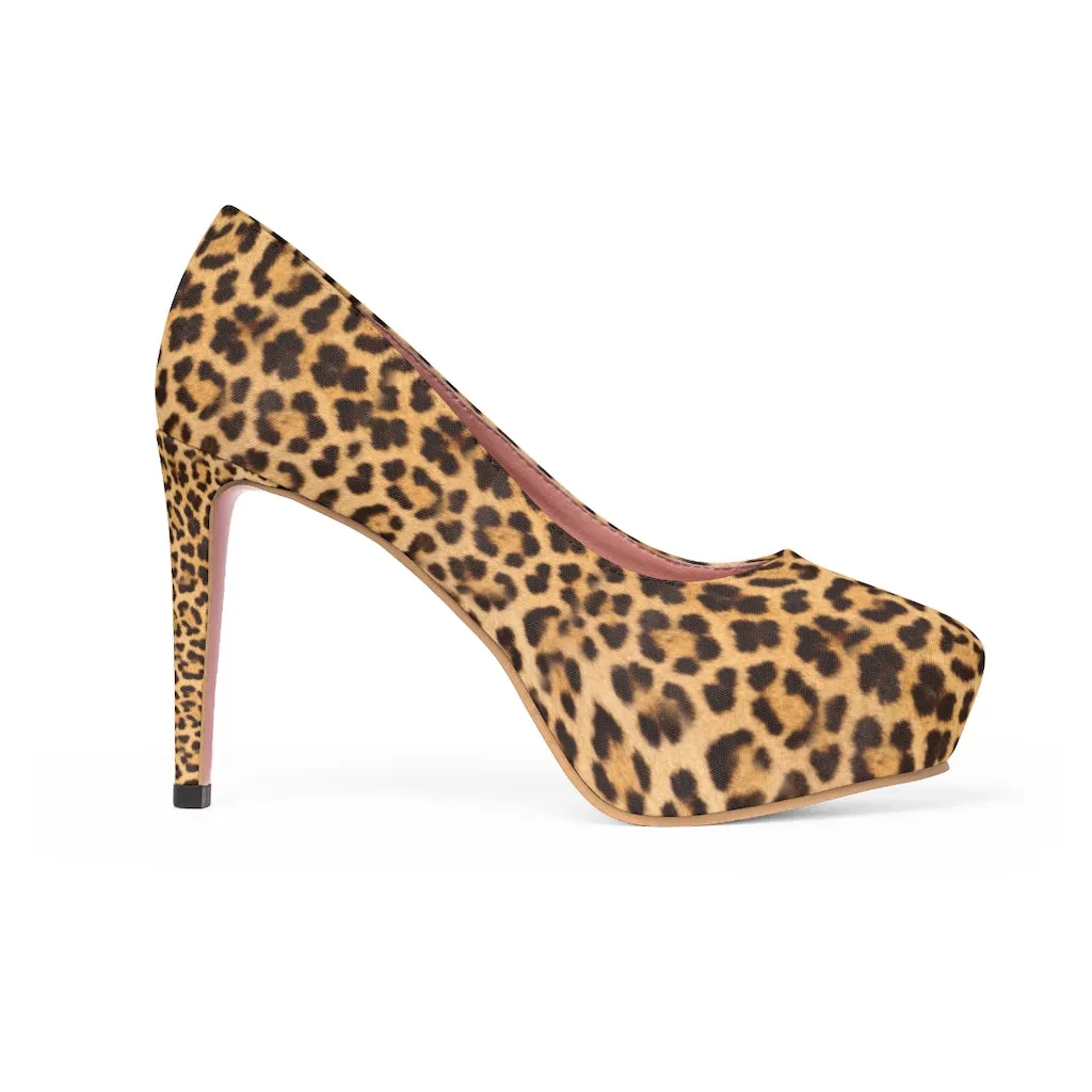 Brown Leopard Women's Platform Heels, Leopard Artistic Animal Print Fashion Stiletto Heels For Ladies