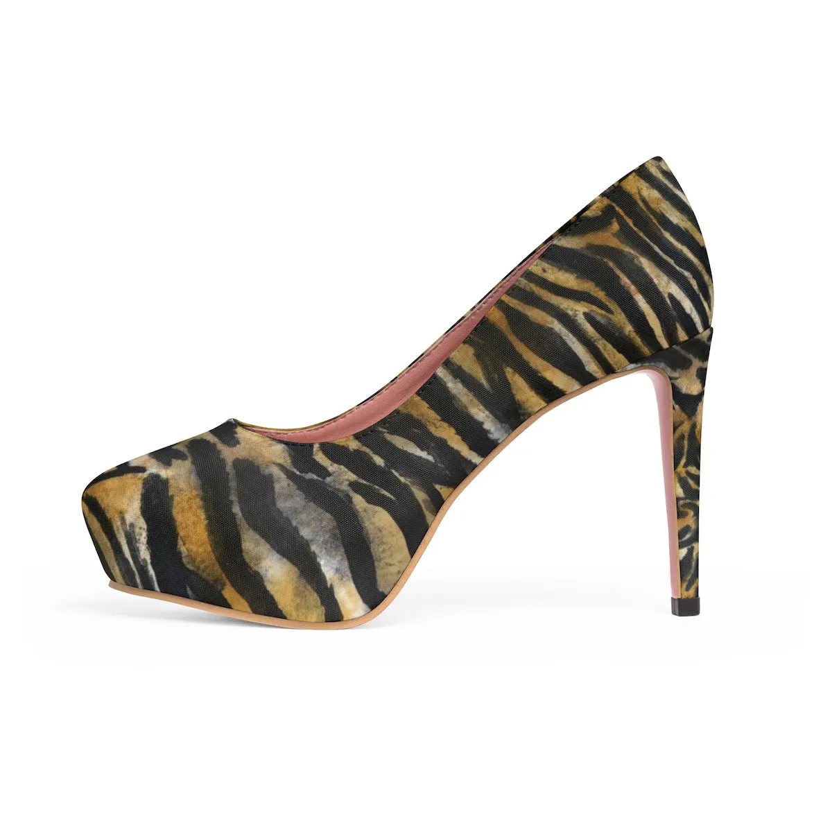 Brown Tiger Stripe Women's Heels, Animal Print Ladies' 4" Platform Pumps High Heels