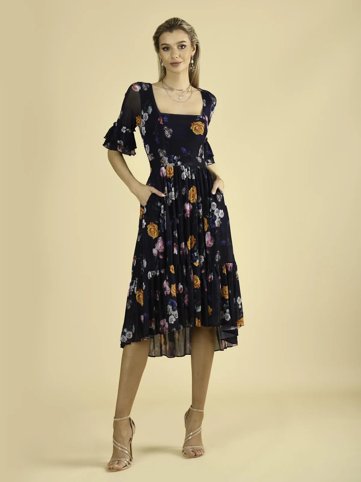 Carlene Mesh Square Neck Midi Dress, Navy Orange Floral