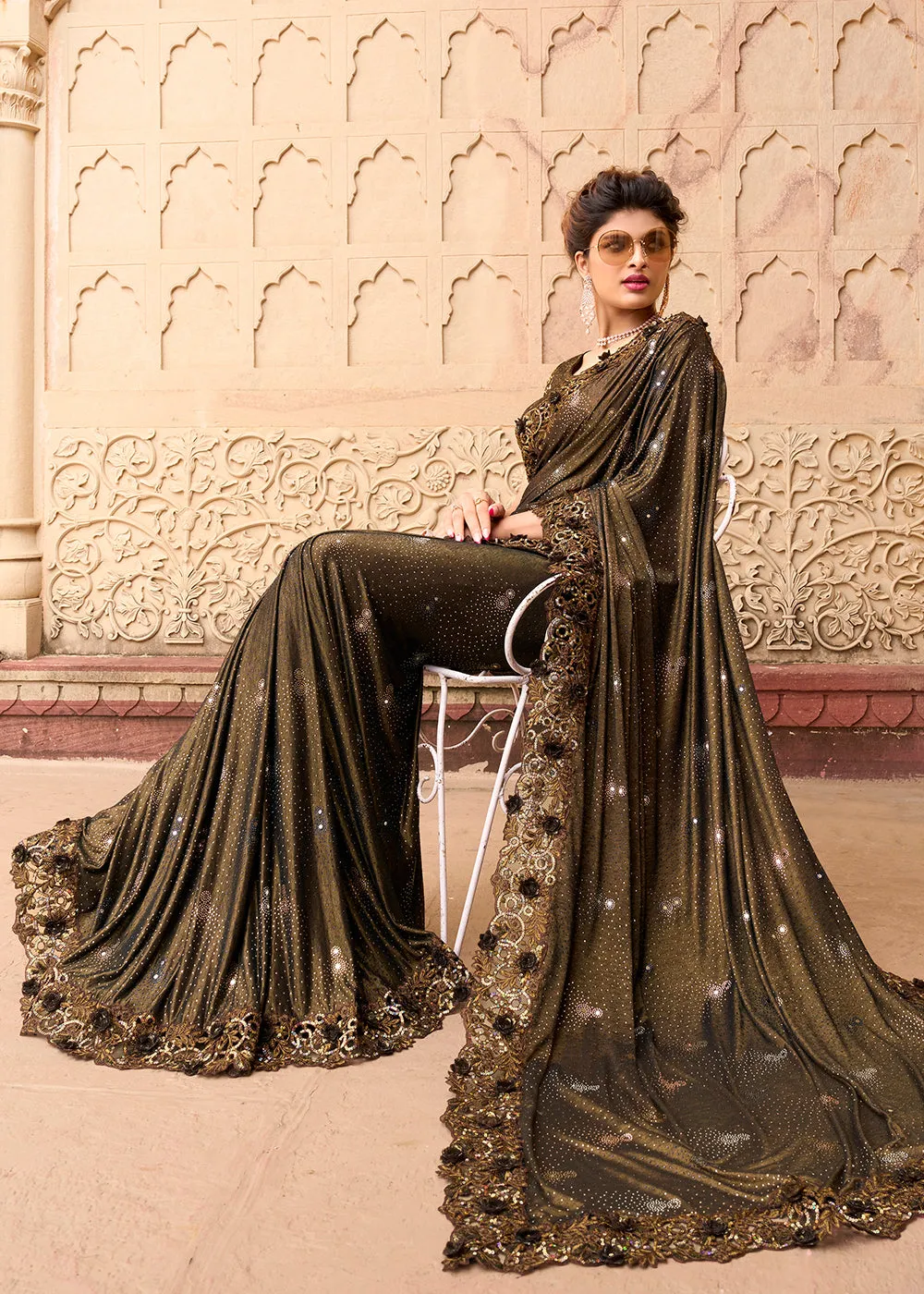 Chocolate Brown Applique Net Designer Bridal Party Wear Saree