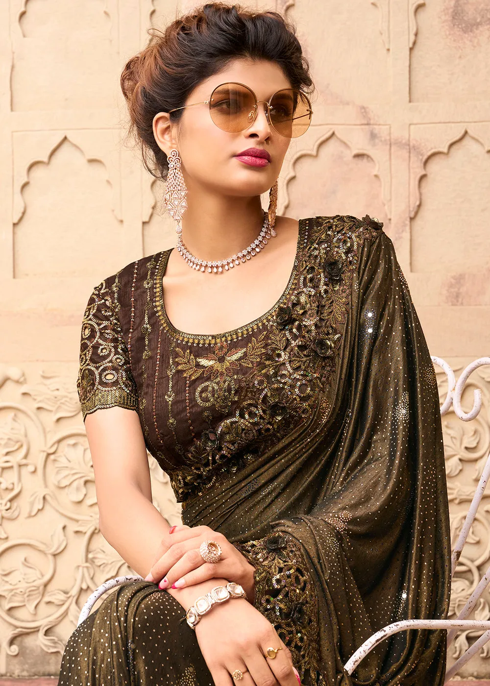 Chocolate Brown Applique Net Designer Bridal Party Wear Saree