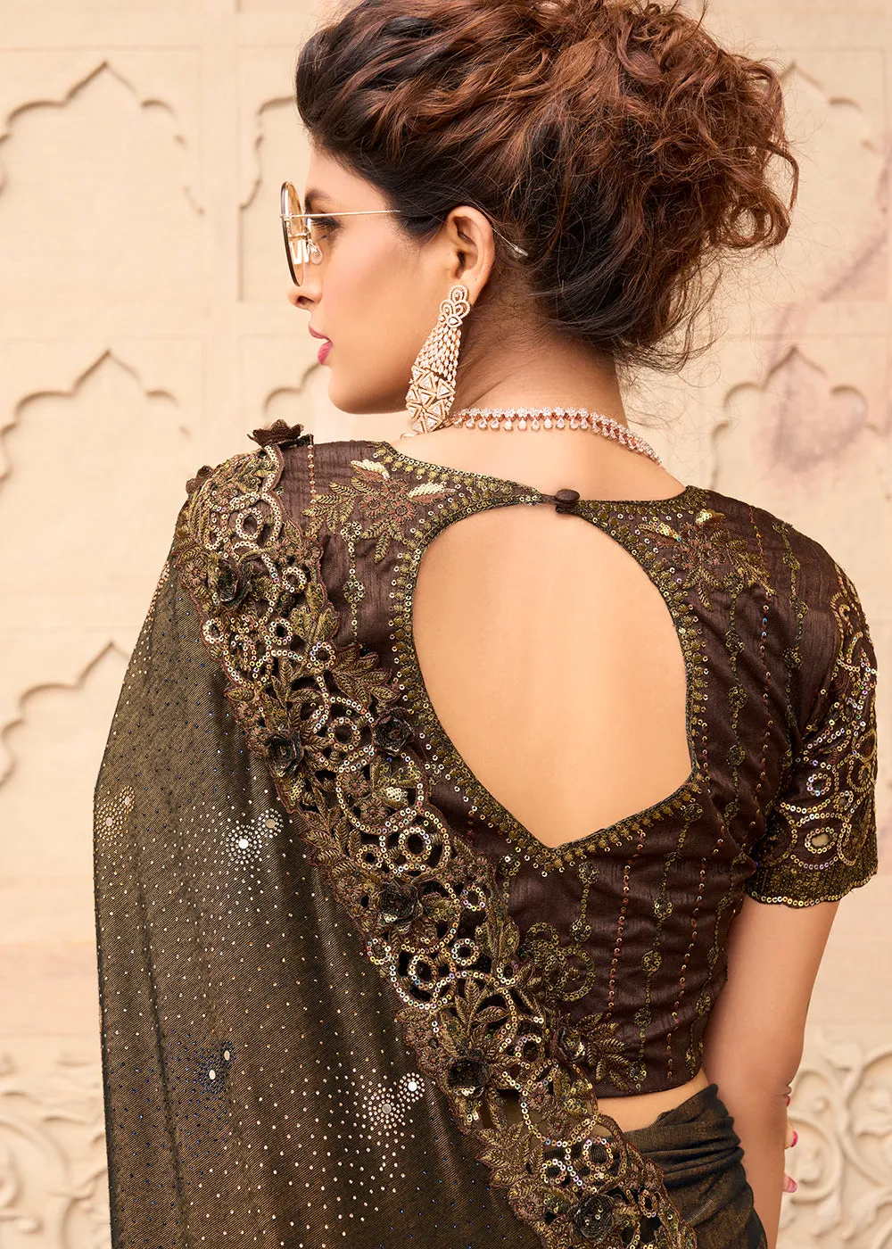 Chocolate Brown Applique Net Designer Bridal Party Wear Saree