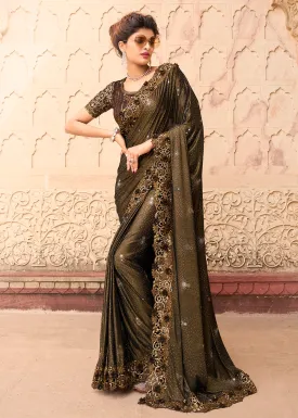 Chocolate Brown Applique Net Designer Bridal Party Wear Saree