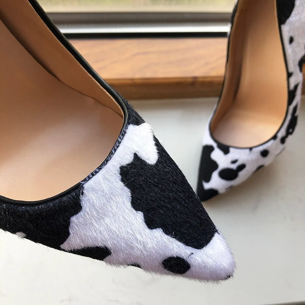 Cow Print Hairy Flock Stiletto Pumps in White