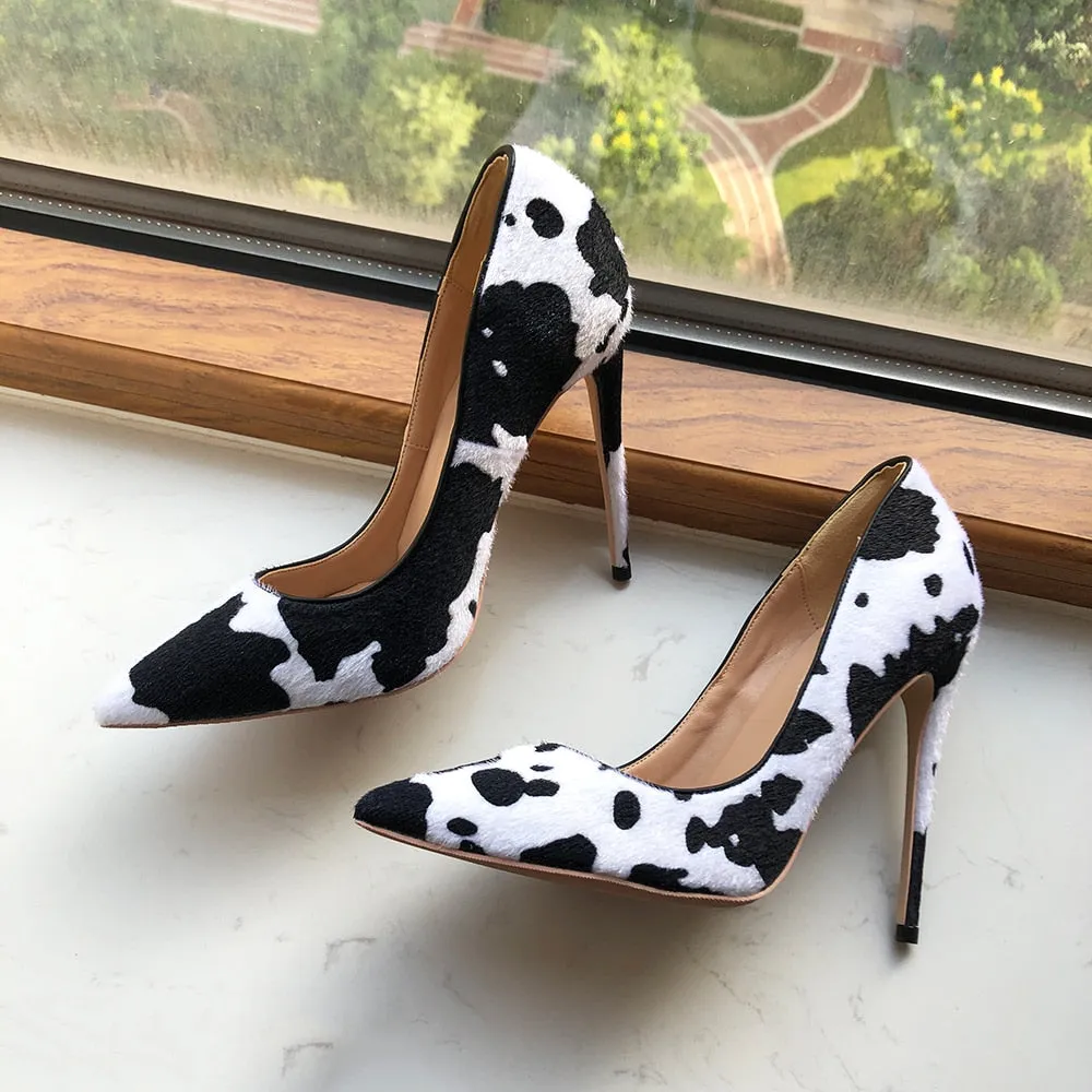 Cow Print Hairy Flock Stiletto Pumps in White