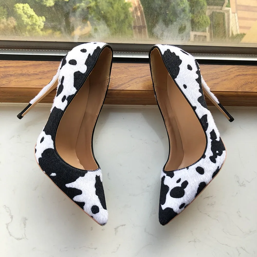 Cow Print Hairy Flock Stiletto Pumps in White