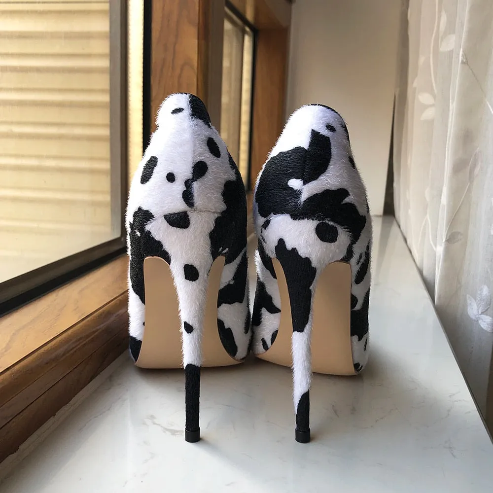 Cow Print Hairy Flock Stiletto Pumps in White