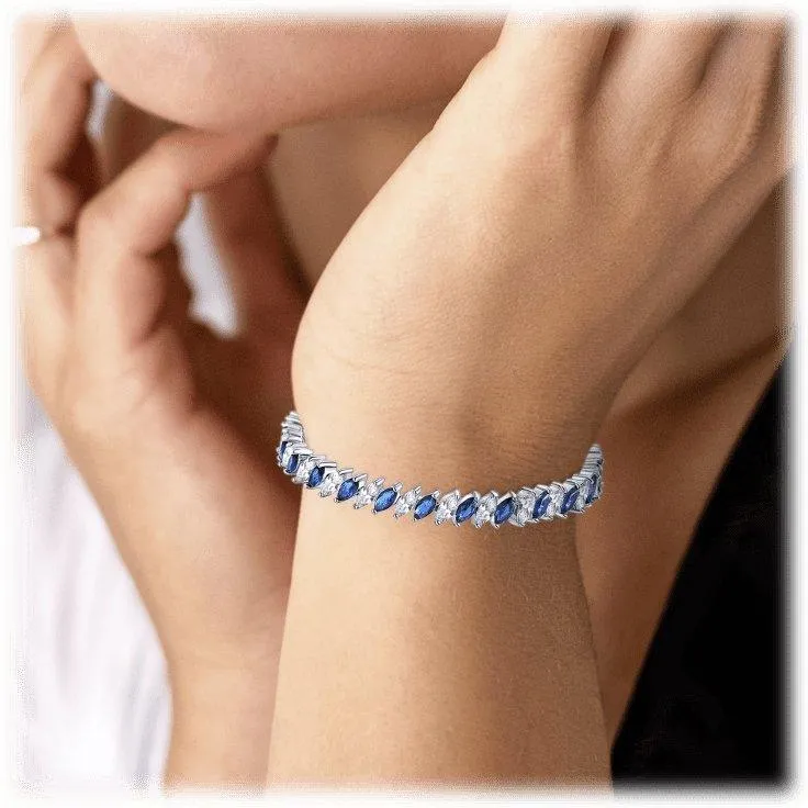 Cubic Zirconia Tennis Bracelet for Women with Marquise Cut Sapphire and Clear AAA  Cubic Zirconia