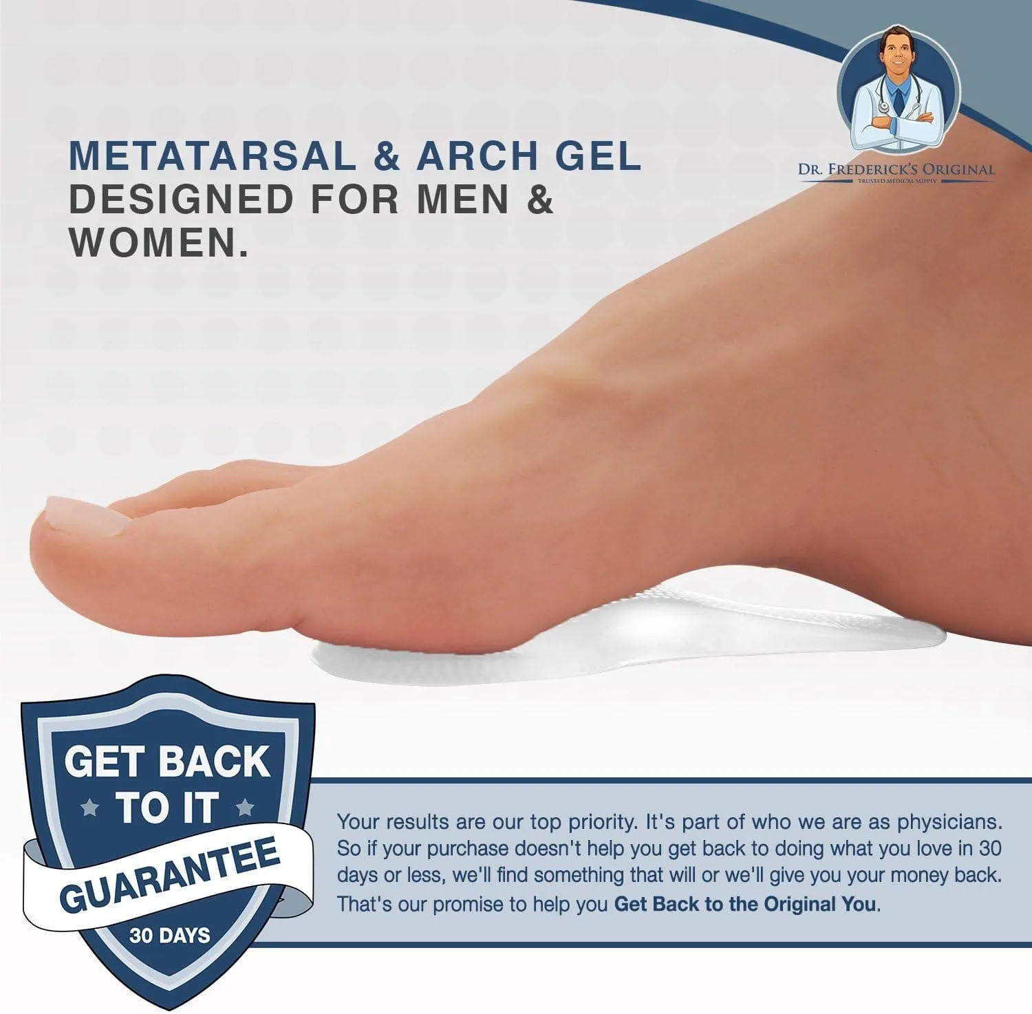 Dr. Frederick's Original Self-Adhesive Metatarsal and Arch Support Insole Gel Pads - 2 Pieces - Generous Ball of Foot Cushions for Arch Support, Plantar Fasciitis & More