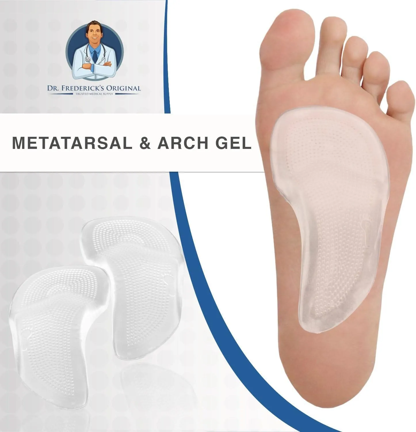 Dr. Frederick's Original Self-Adhesive Metatarsal and Arch Support Insole Gel Pads - 2 Pieces - Generous Ball of Foot Cushions for Arch Support, Plantar Fasciitis & More