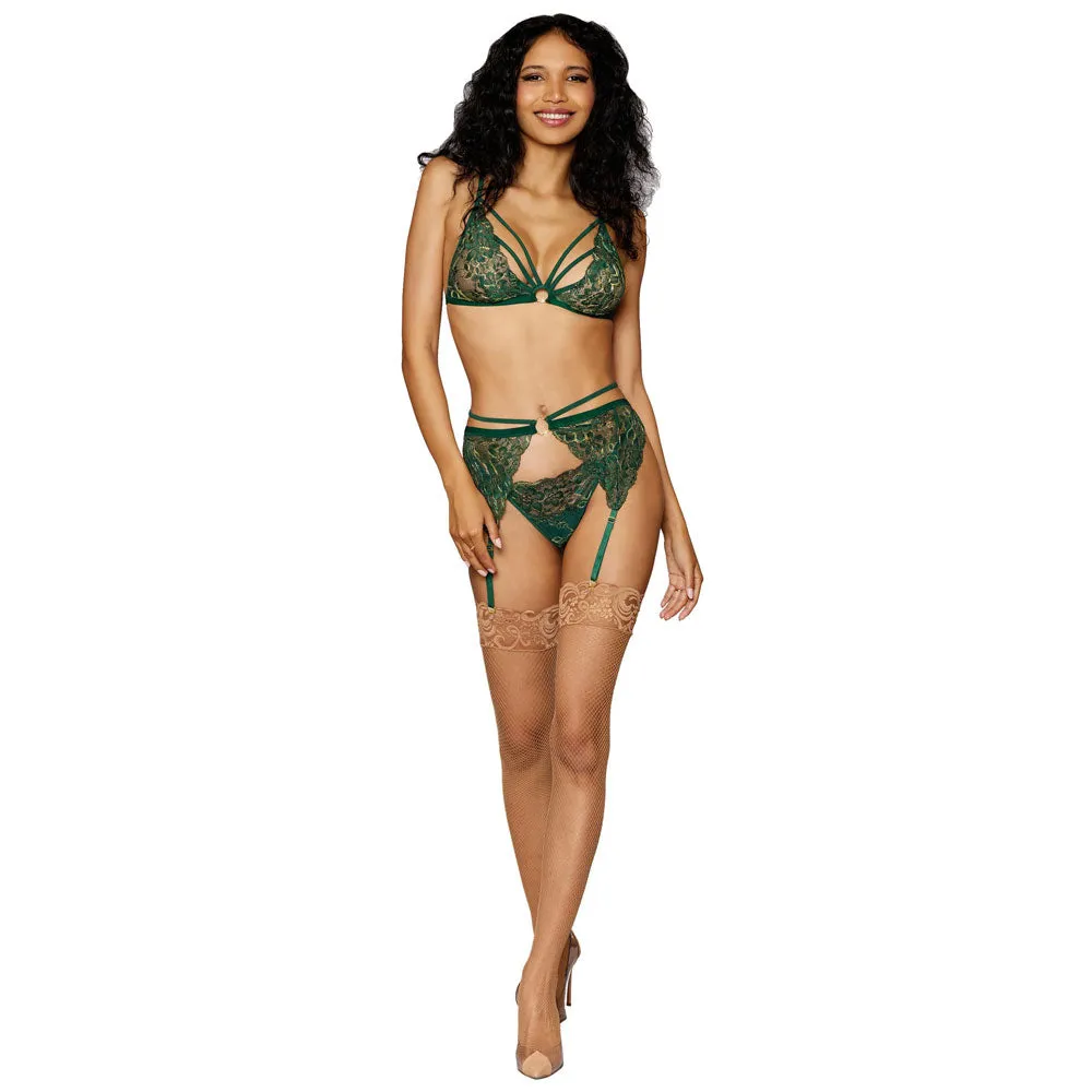 Dreamgirl Lingerie Metallic Corded Lace 3 Piece Set Evergreen 12707