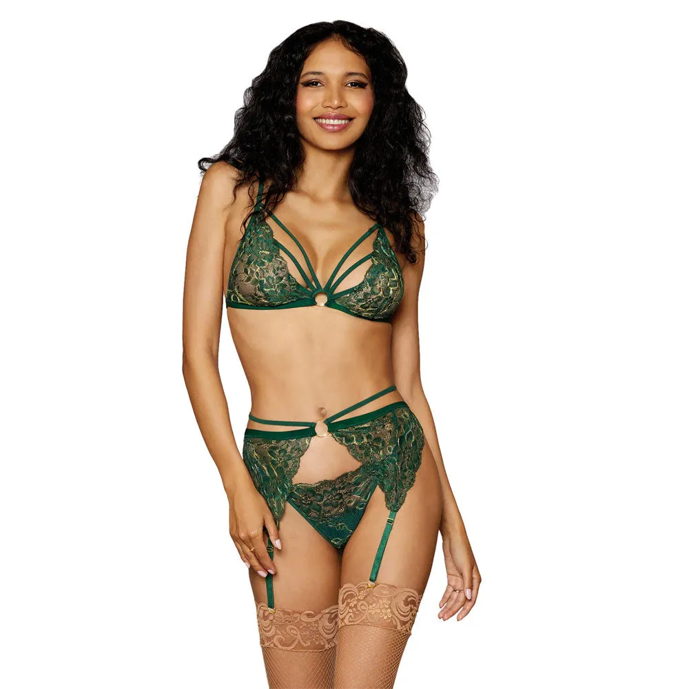 Dreamgirl Lingerie Metallic Corded Lace 3 Piece Set Evergreen 12707