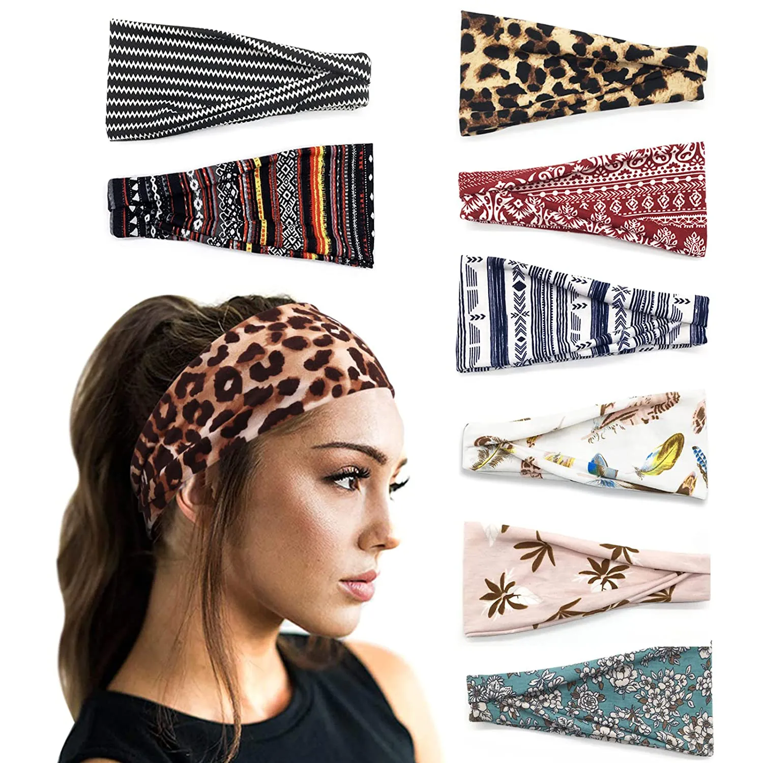 DRESHOW 8 Pack Make up Headbands for Women Knit Vintage Cross Elastic Head Wrap Hair Accessories