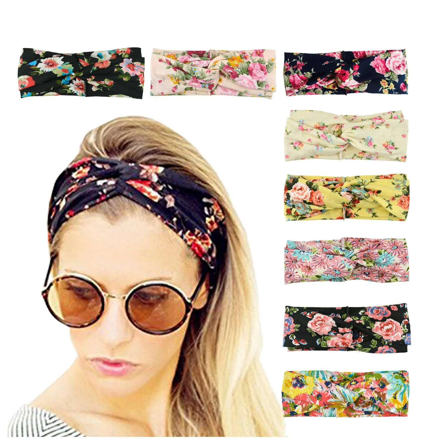 DRESHOW 8 Pack Make up Headbands for Women Knit Vintage Cross Elastic Head Wrap Hair Accessories