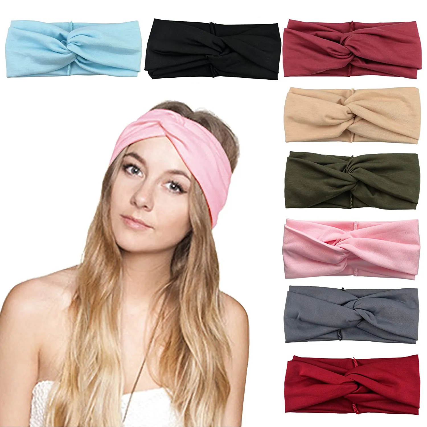 DRESHOW 8 Pack Make up Headbands for Women Knit Vintage Cross Elastic Head Wrap Hair Accessories