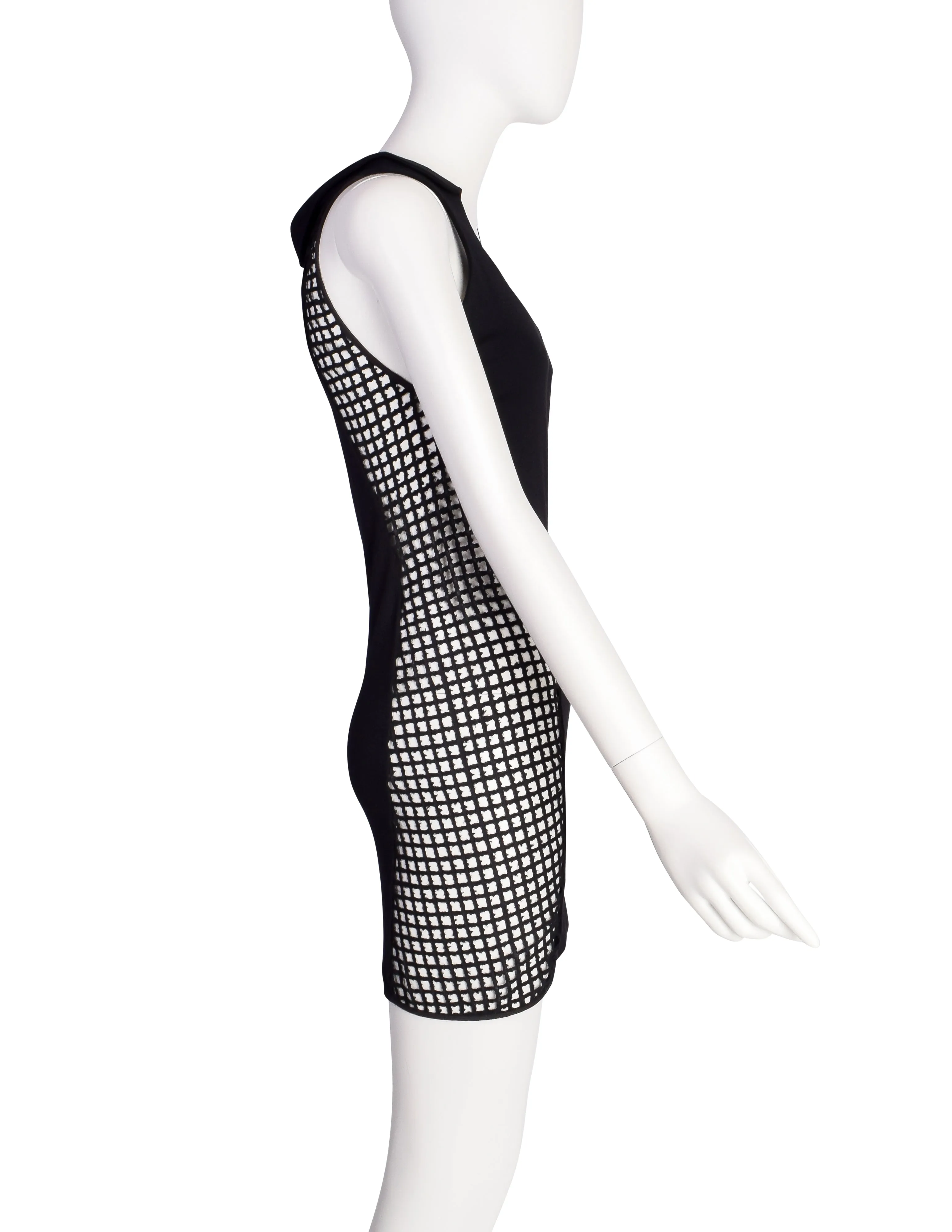 Geoffrey Beene Vintage 1990s Black Grid Cutout Side Bodycon Mini Dress