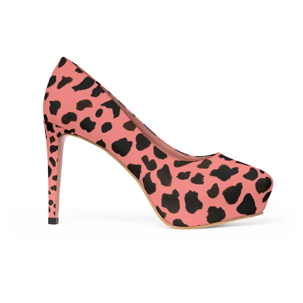 Peach Cow Print Women's Heels, Animal Print Luxury 4" Platform Heels Pumps Stilettos