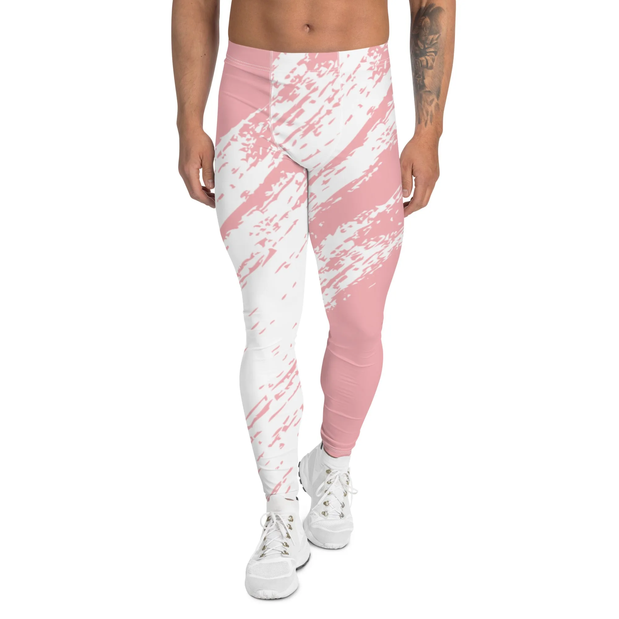 Pink White Abstract Men's Leggings, Best Modern Minimalist Premium Meggings Running Tights-Made in USA/EU