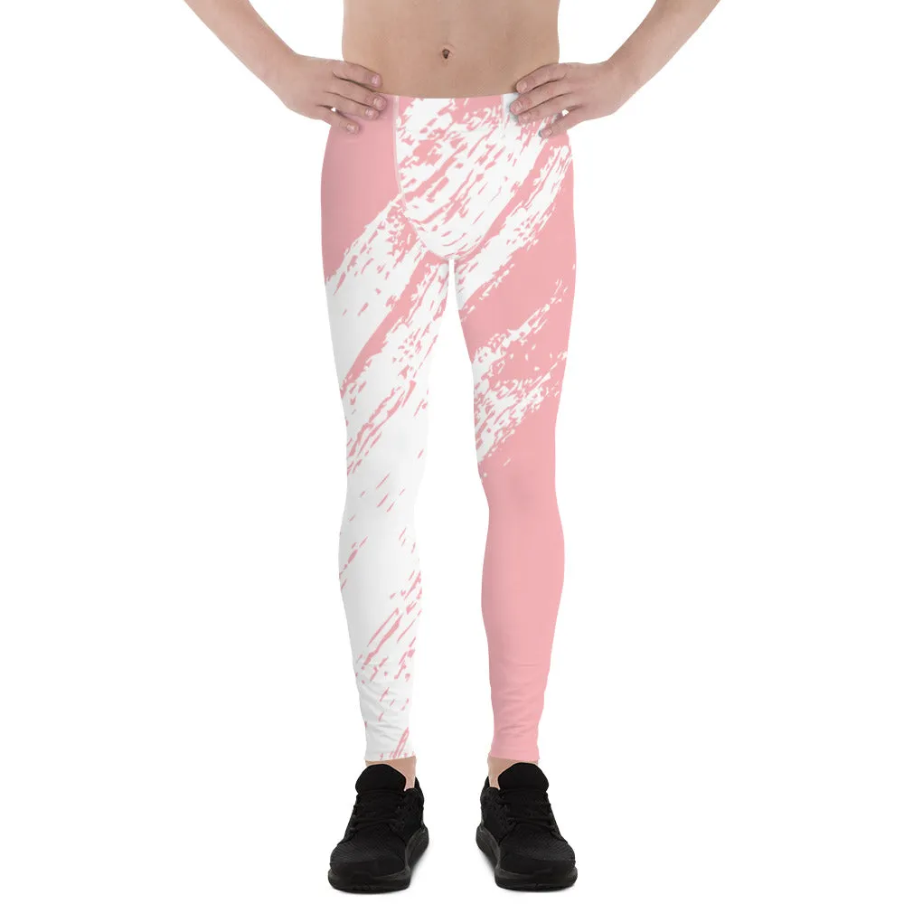 Pink White Abstract Men's Leggings, Best Modern Minimalist Premium Meggings Running Tights-Made in USA/EU