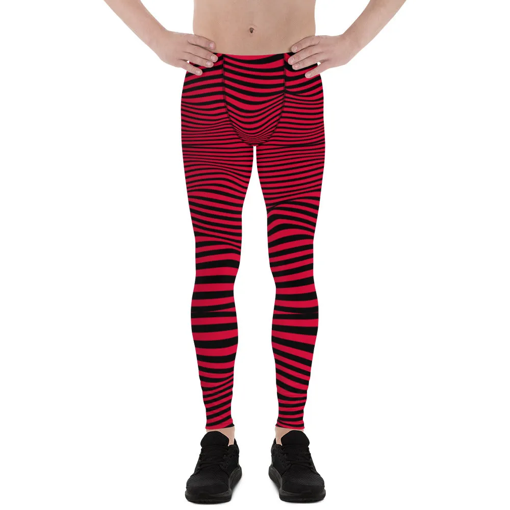 Red Black Meshed Men's Leggings, Striped Premium Meggings Compression Running Tights-Made in USA/EU/MX