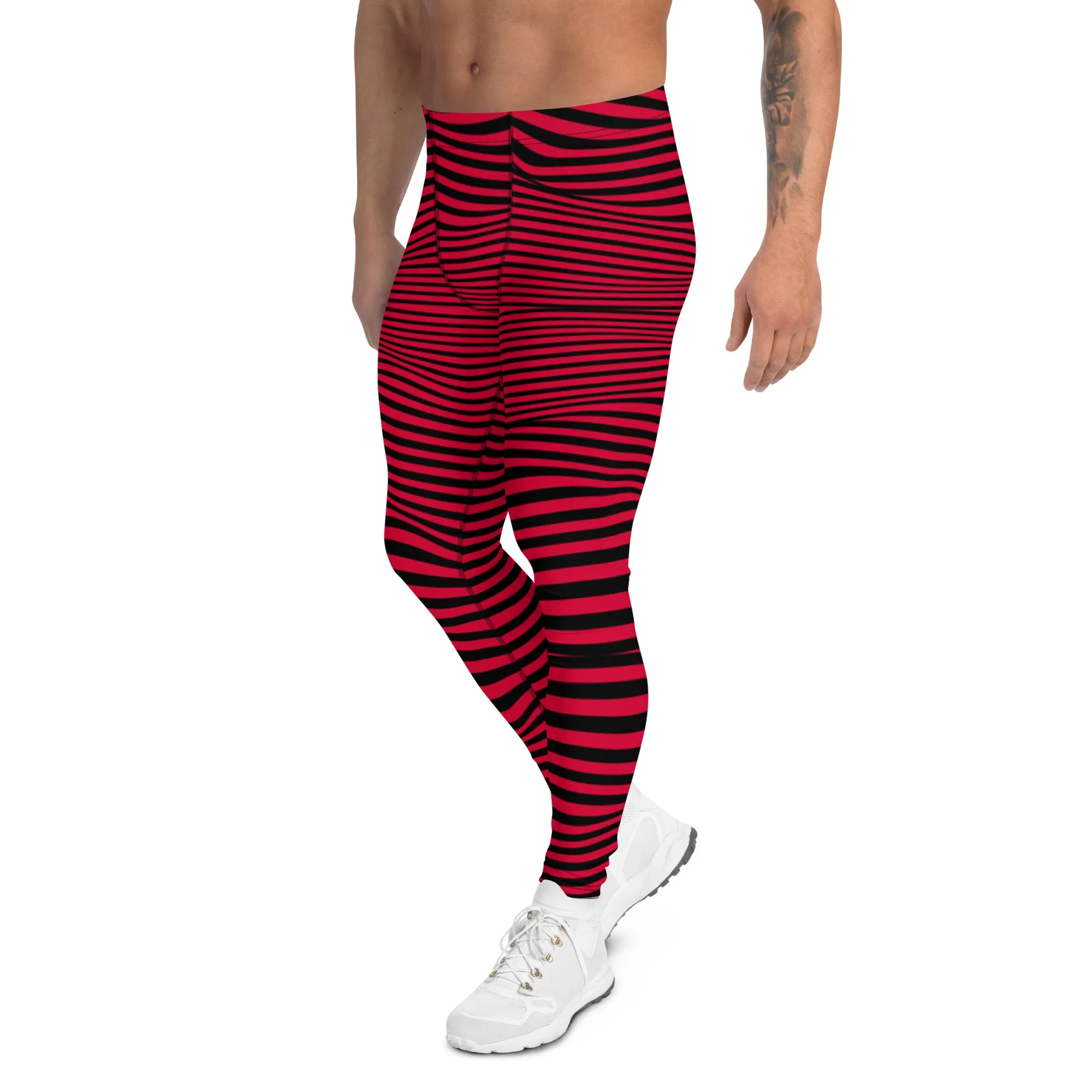 Red Black Meshed Men's Leggings, Striped Premium Meggings Compression Running Tights-Made in USA/EU/MX