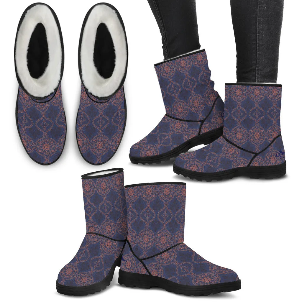 Sargasso Faux Fur Blue and Mellow Rose Morrocan Damask Boots