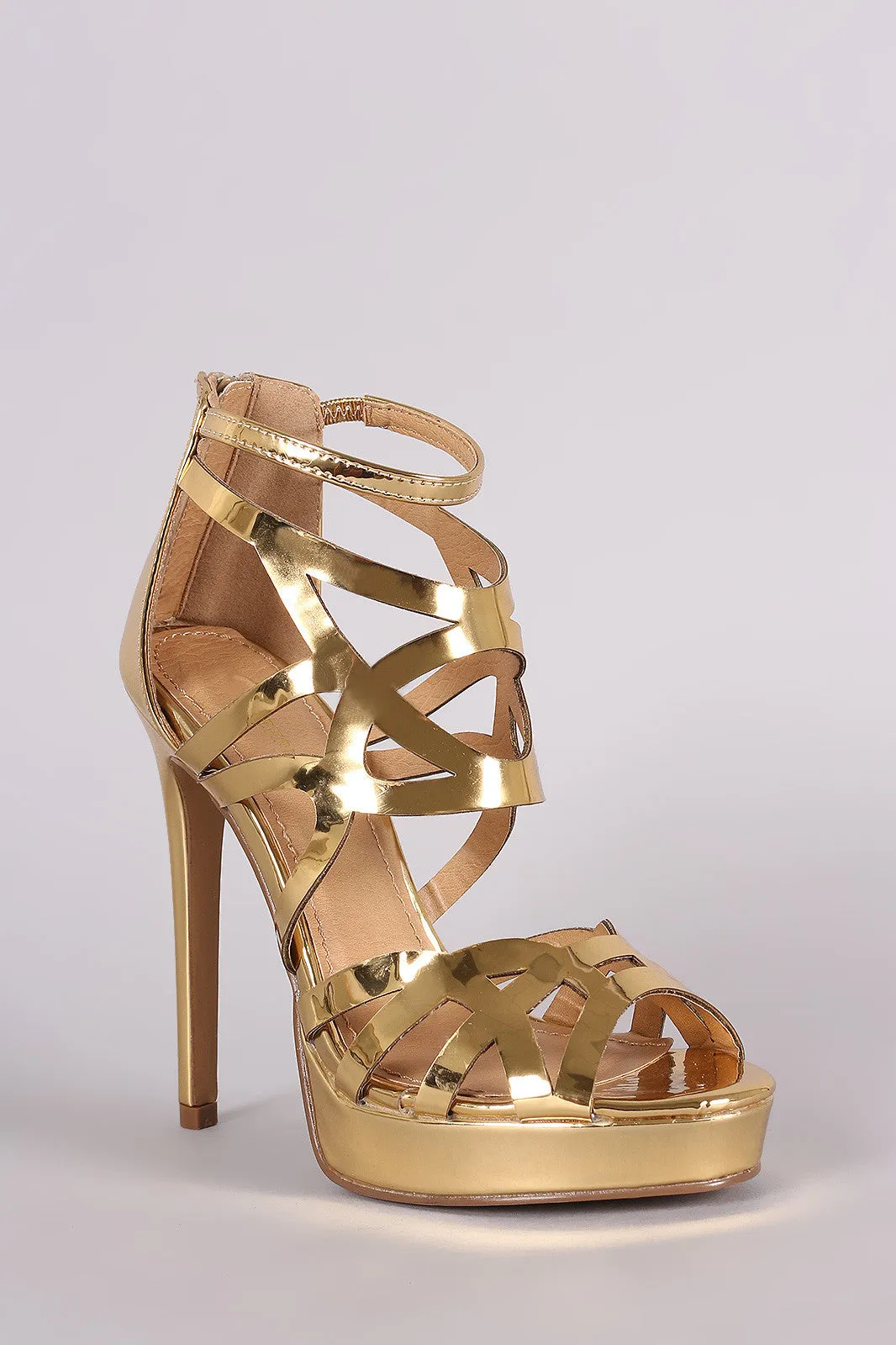 Shoe Republic LA Mirror Metallic Caged Stiletto Platform Heel