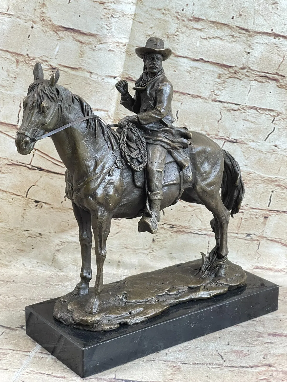 Signed Western Cowboy with Gorgeous Horse Bronze Statue Art Decor Wild West