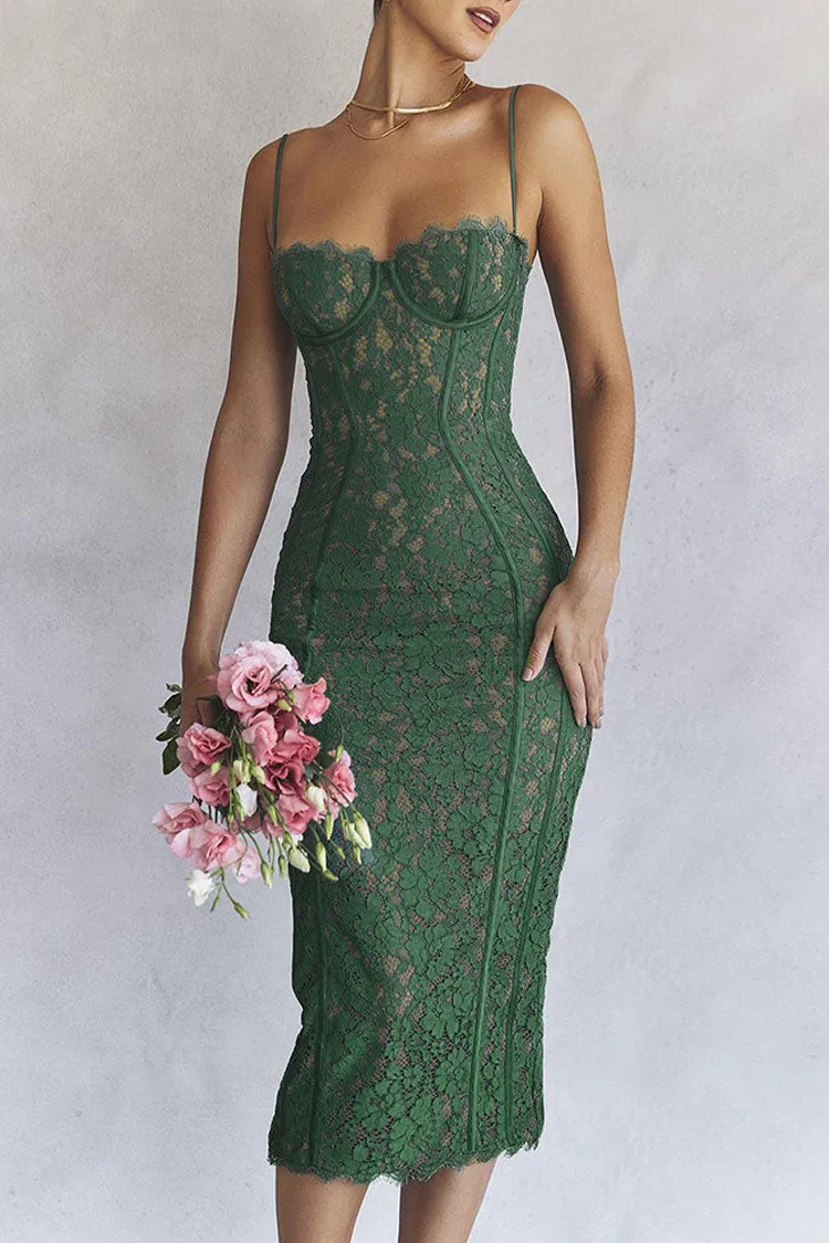 Vintage Eyelash Sweetheart Bodycon Lace Cocktail Midi Dress - Green