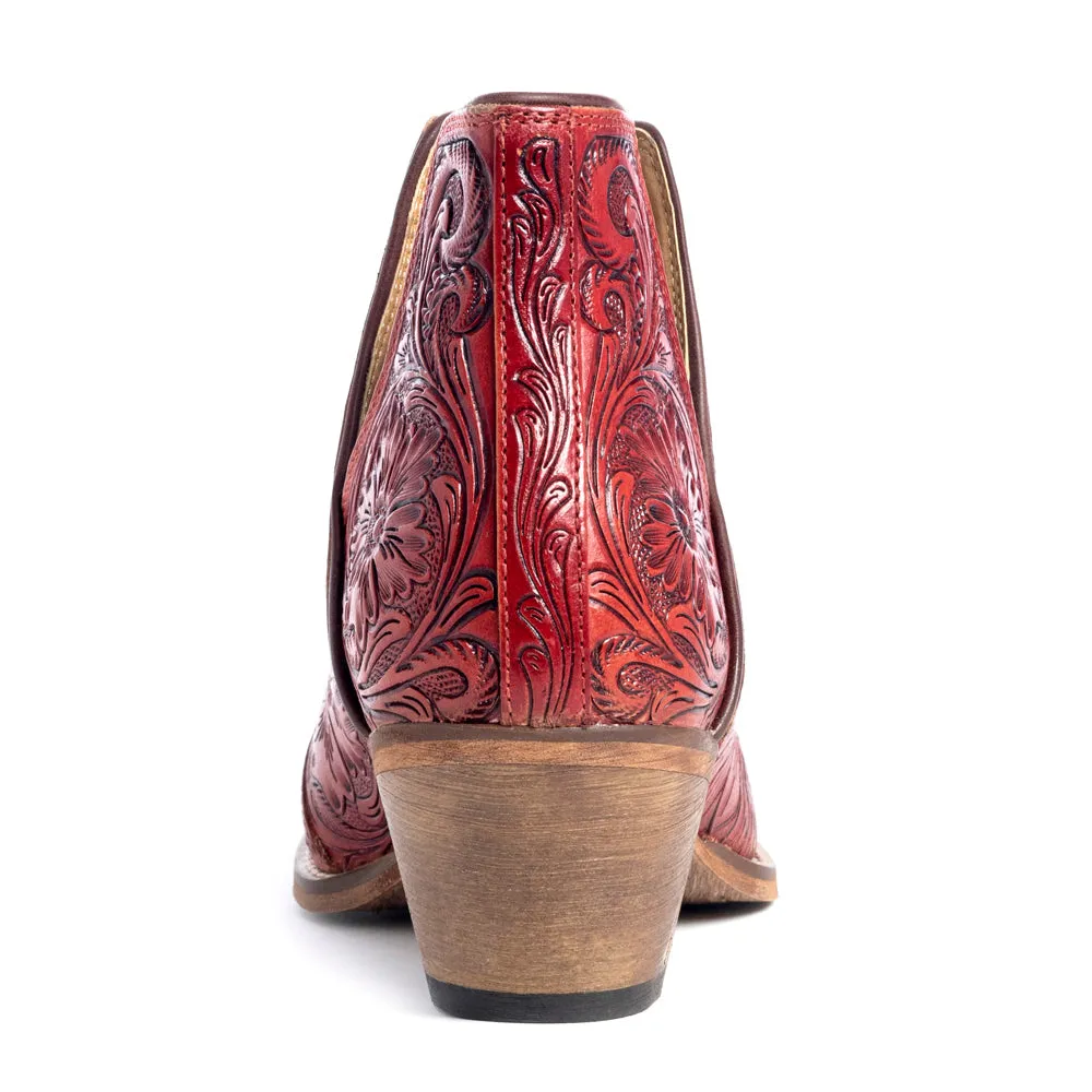 Western Moxie Hand-tooled Booties in Scarlet