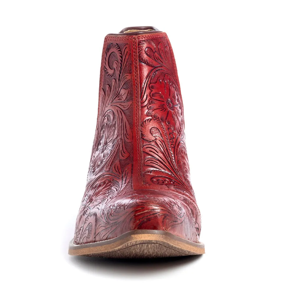 Western Moxie Hand-tooled Booties in Scarlet