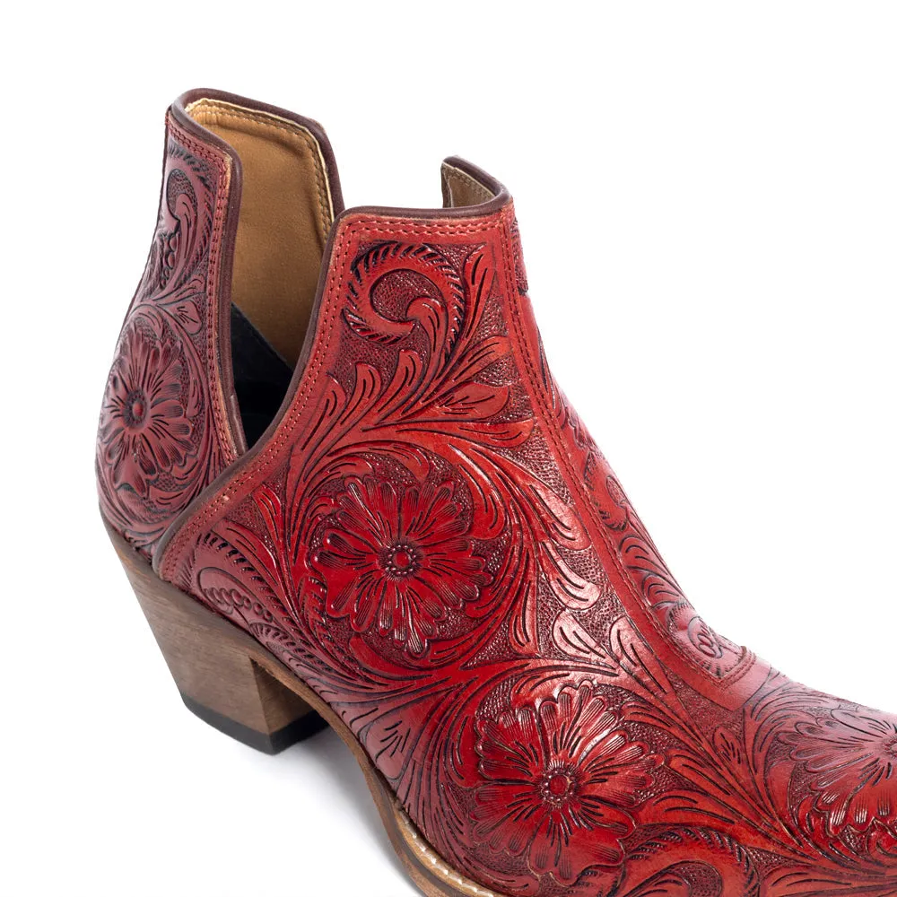 Western Moxie Hand-tooled Booties in Scarlet