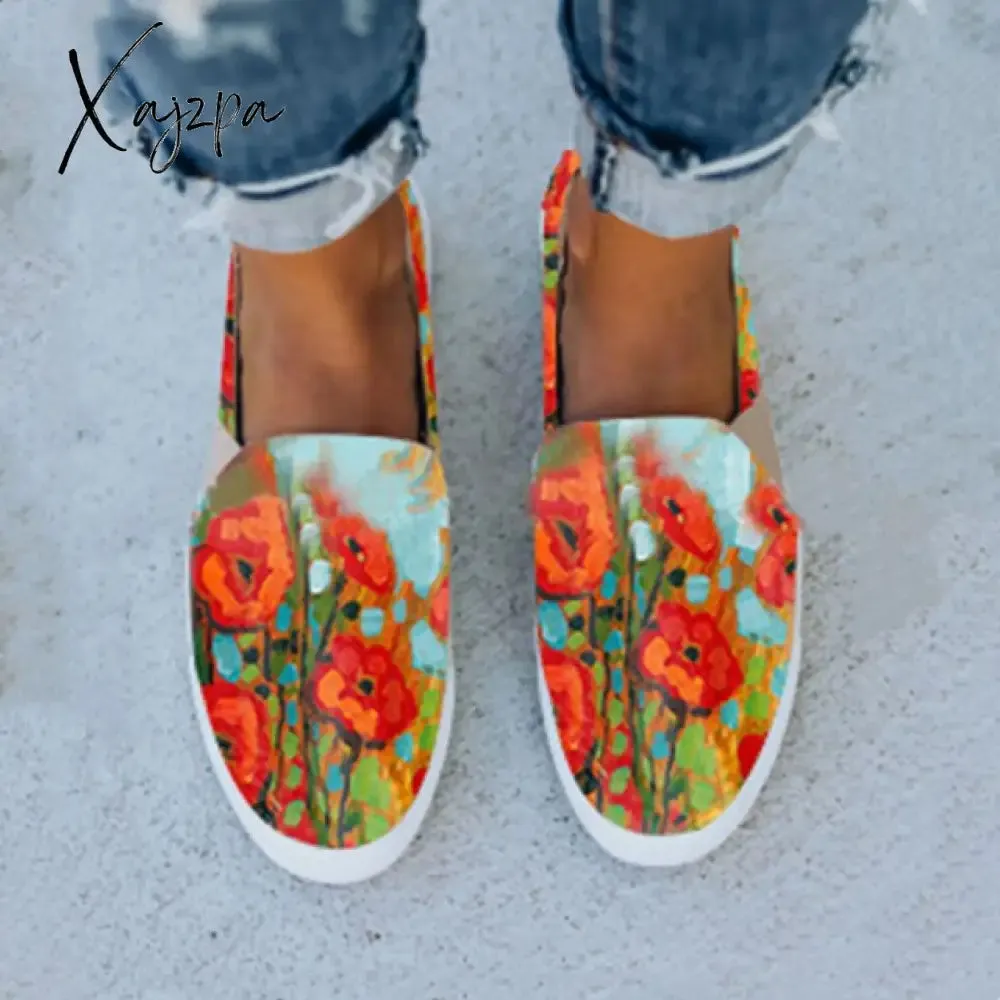 Xajzpa - Women Flat Shoes Casual Summer Patchwork Printed Leisure Loafers Women Shoes Canvas Slip On Sneakers Women's Vulcanize Shoes