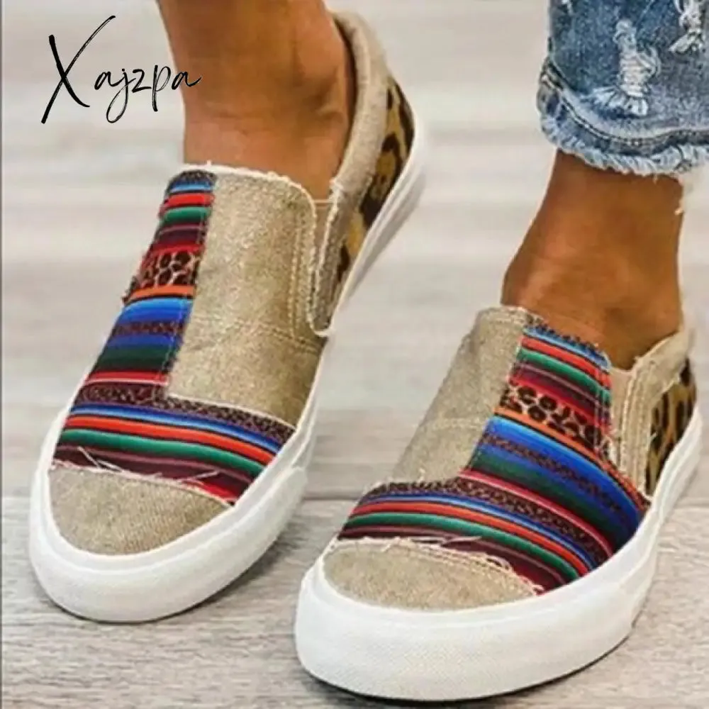 Xajzpa - Women Flat Shoes Casual Summer Patchwork Printed Leisure Loafers Women Shoes Canvas Slip On Sneakers Women's Vulcanize Shoes